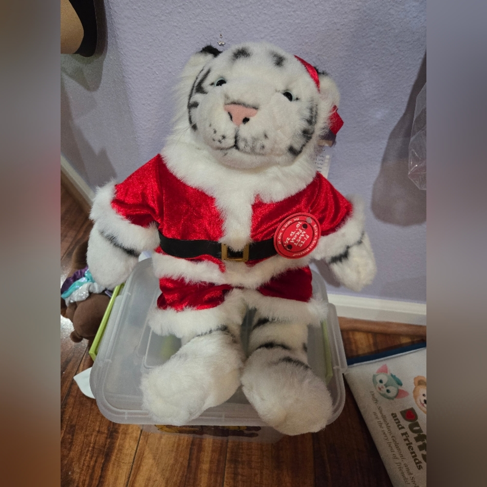 Retired Vintage Build A Bear Siberian White Tiger Plush in Santa Outfit With Tag